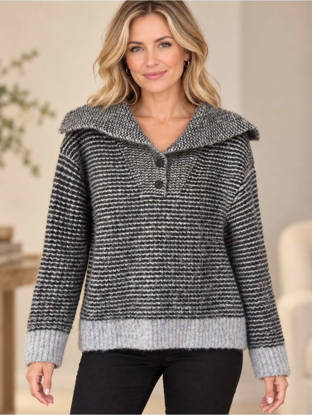 Banana Republic Gray Striped Shawl-Collar Sweater